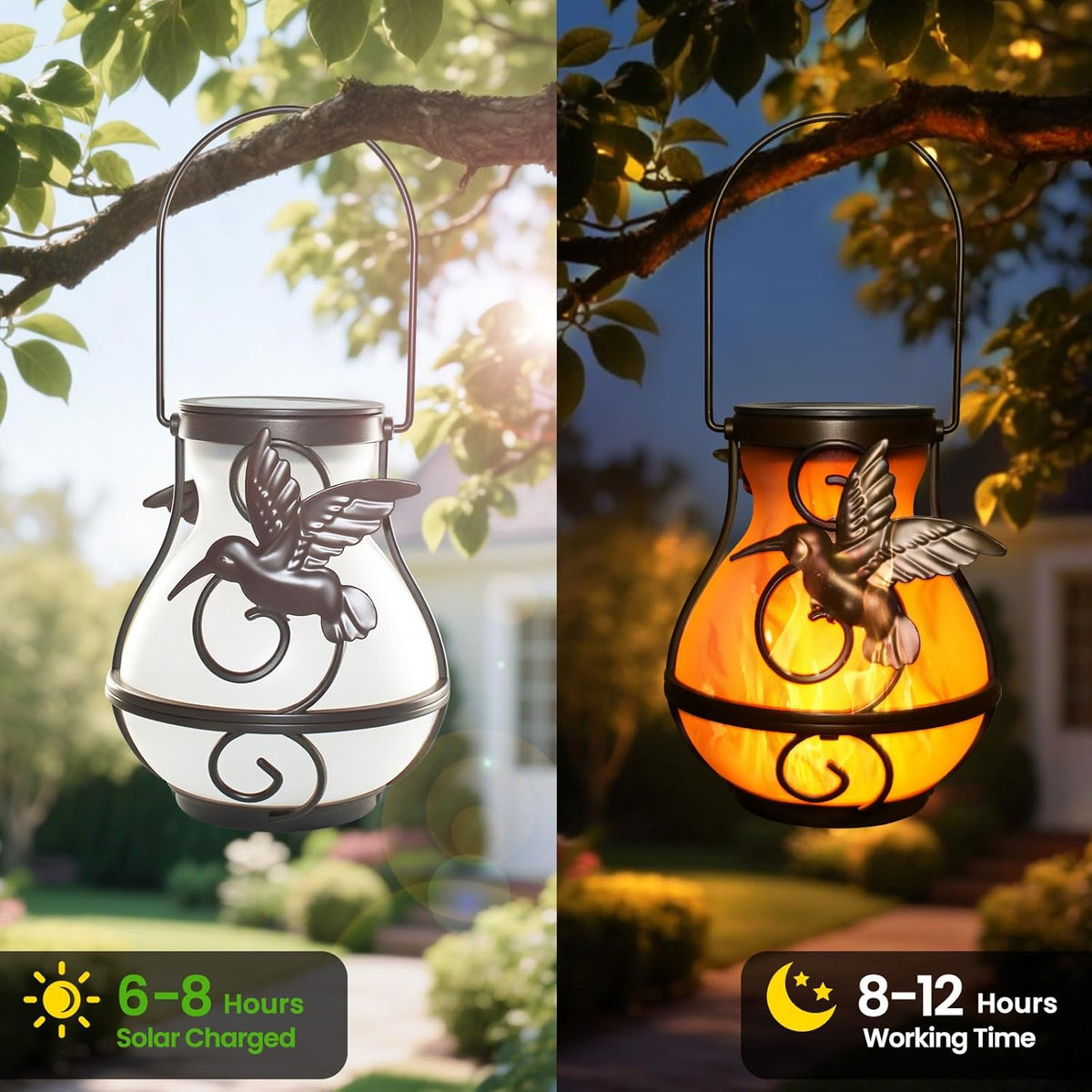 X-PREK 2 Pack Solar Lanterns Outdoor Waterproof Hummingbird Hanging Solar Lantern Flickering Flame