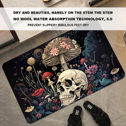 Bath Mat-Bathroom Rug，A Skull and Mushroom-Absorbent Non Slip Quick Dry Stain Resistant Easy to