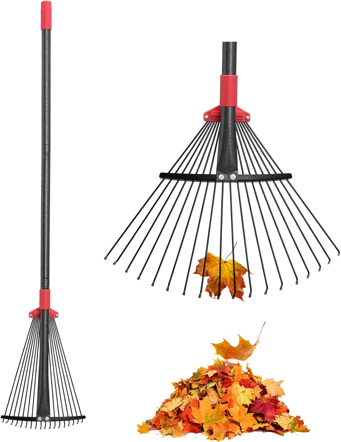 Garden Rake for Leaves: 55 Inch Adjustable Long Handle 18 Metal Tines with 8-17" Expandable Head