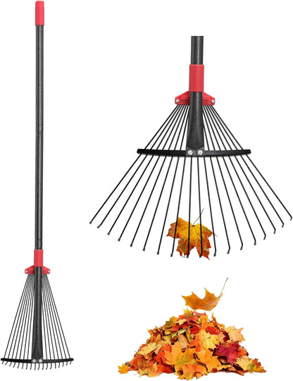 Garden Rake for Leaves: 55 Inch Adjustable Long Handle 18 Metal Tines with 8-17" Expandable Head