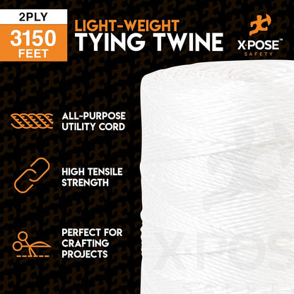 Polypropylene Tying Twine - 2 Ply White Plastic Poly String 4200' Roll - Soft On Hands - Heavy Duty