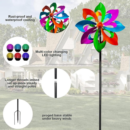 Solar Metal Wind Spinner, Multi-Color Led Lighting Solar Powered Glass Ball Dual Direction for