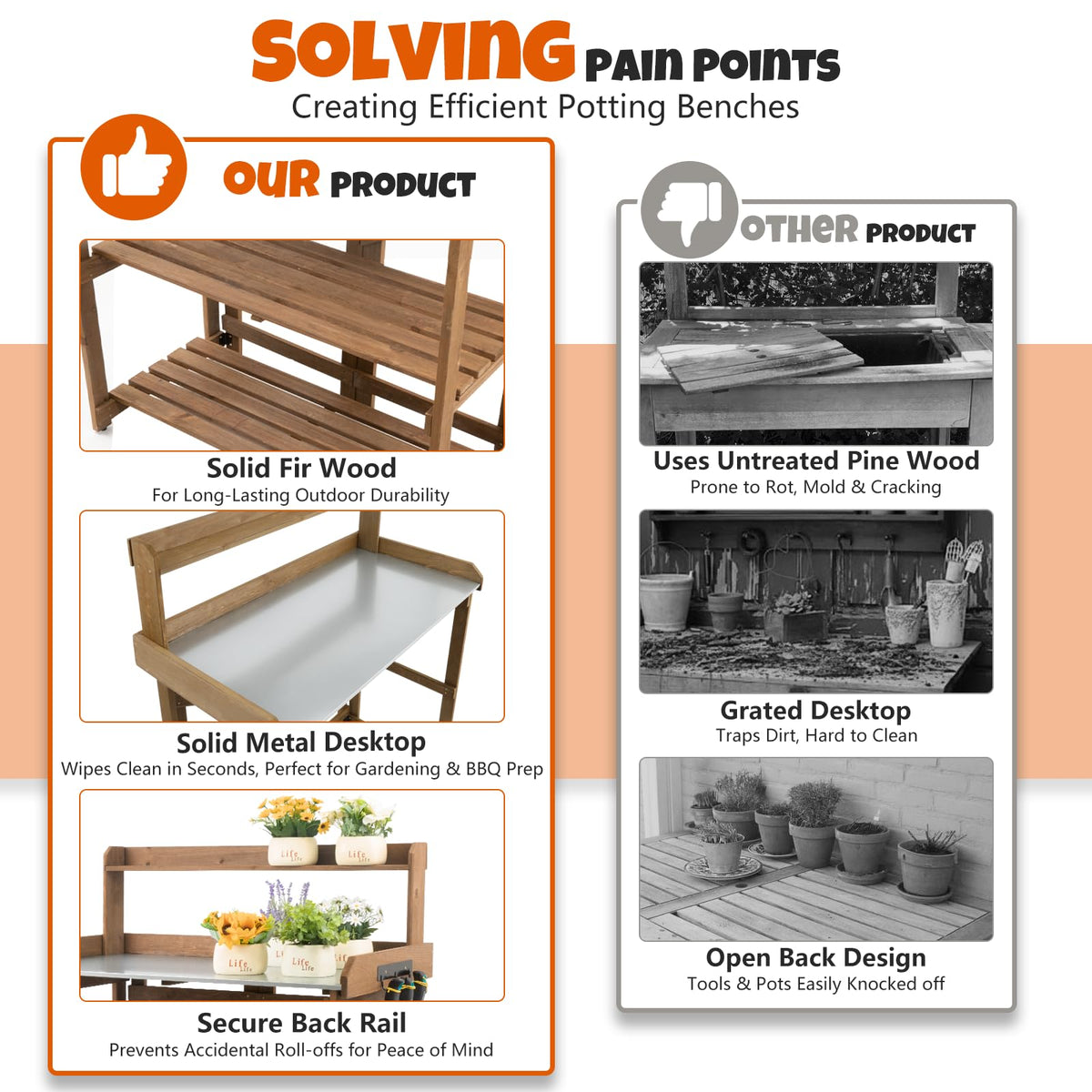 Outdoor Potting Bench Table, Indoor Wooden Work Station with Metal Table Top, Metal Hooks, Large