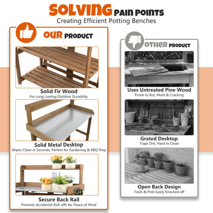 Outdoor Potting Bench Table, Indoor Wooden Work Station with Metal Table Top, Metal Hooks, Large