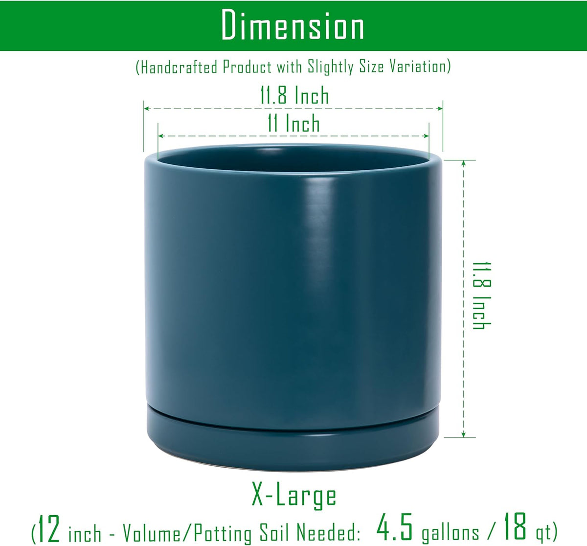 D'vine Dev 12 Inch Ceramic Planter Pot with Drainage Hole and Saucer, Indoor Cylinder Round Planter