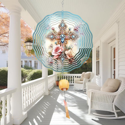 Cross Flower Wind Spinner, Metal Wind Spinners Outdoor/Indoor, God Cross Hanging Garden Decor for