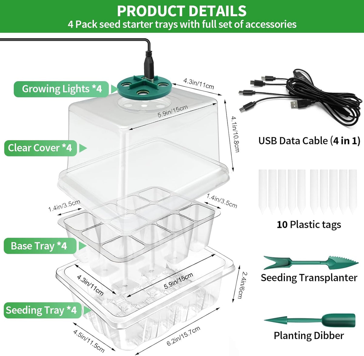 Seed Starter Tray with Plant Light, 2 Pack Grow Lights for Seed Starting Kit with Humidity Domes