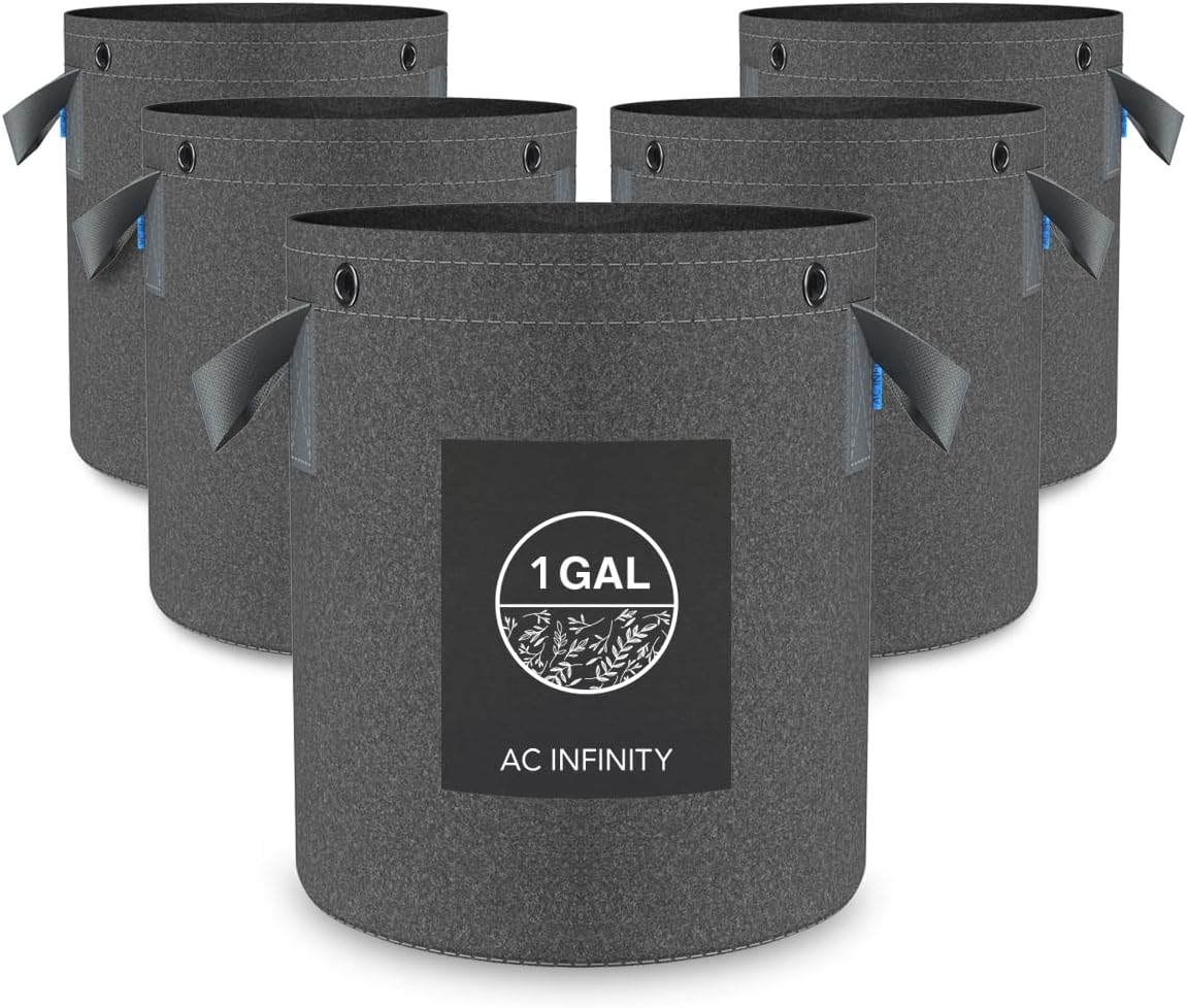 AC Infinity Heavy Duty Fabric Pots, 1 Gallon Aeration Reusable Grow Bags 5-Pack with 500G Thick
