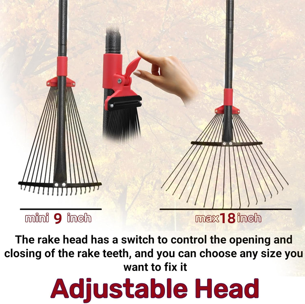 61 Inch Rake for Leaves , Adjustable 18 Tines with Expandable Head 9-18in Grass Rake Heavy Duty