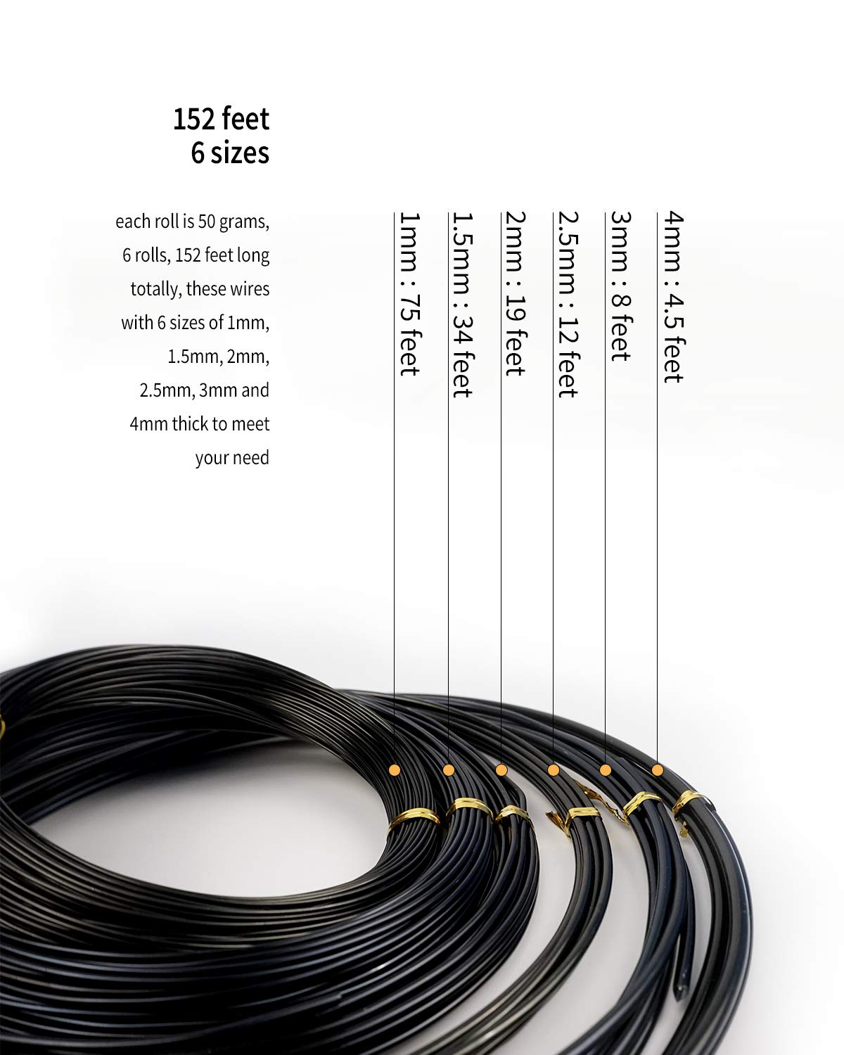 Bonsai Wire, 6 Sizes of 1mm, 1.5mm, 2mm, 2.5mm, 3mm, 4mm Black Aluminum Wire, Total 152 Feet Bonsai