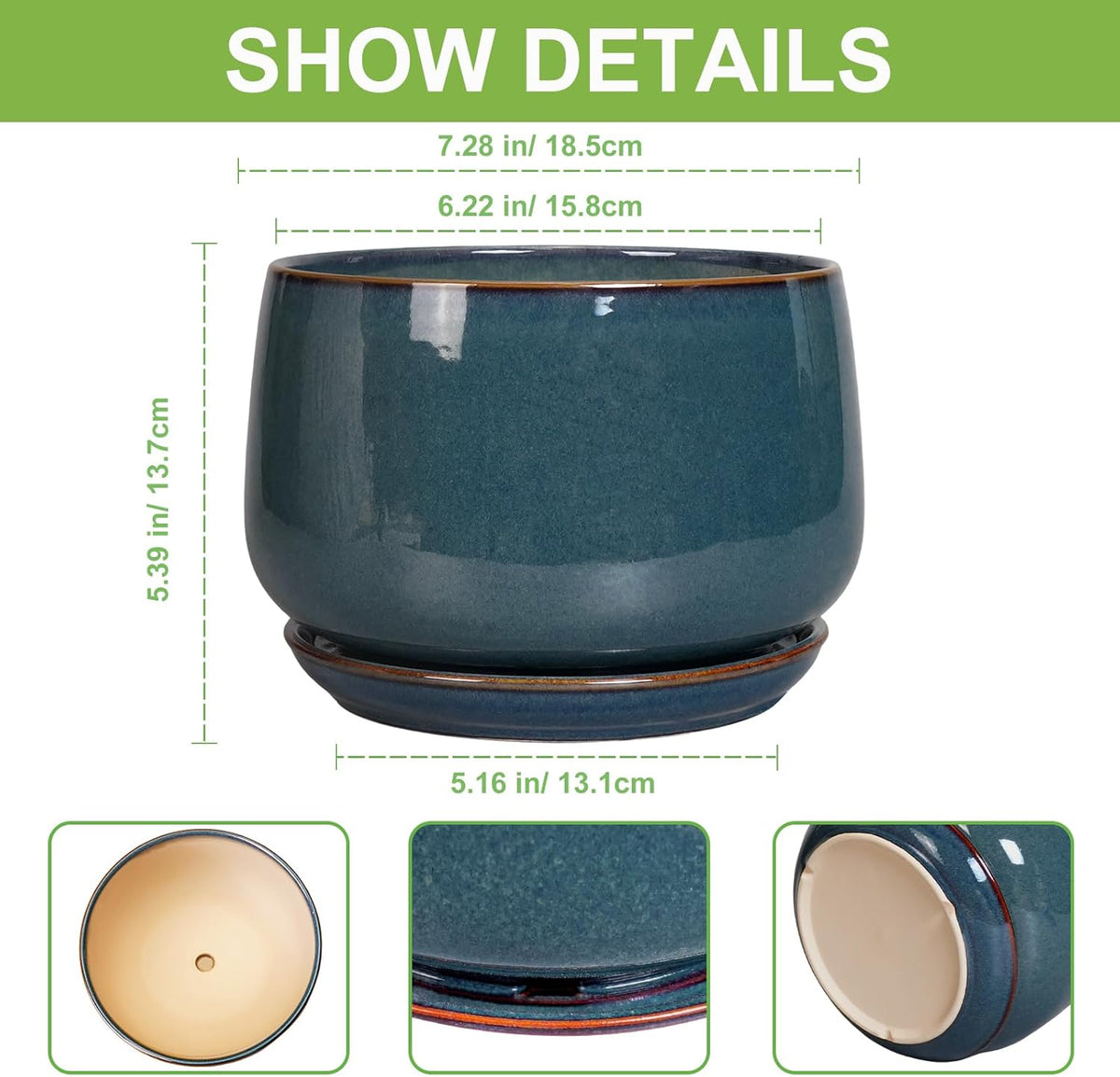 G EPGardening Ceramic Pot for Plants - Modern 7 Inch Round Planter with Drainage and Tray Indoor