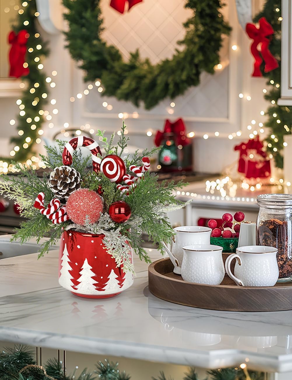 Christmas Centerpieces for Tables, Small Christmas Table Arrangements with Ceramic Vase Red & White