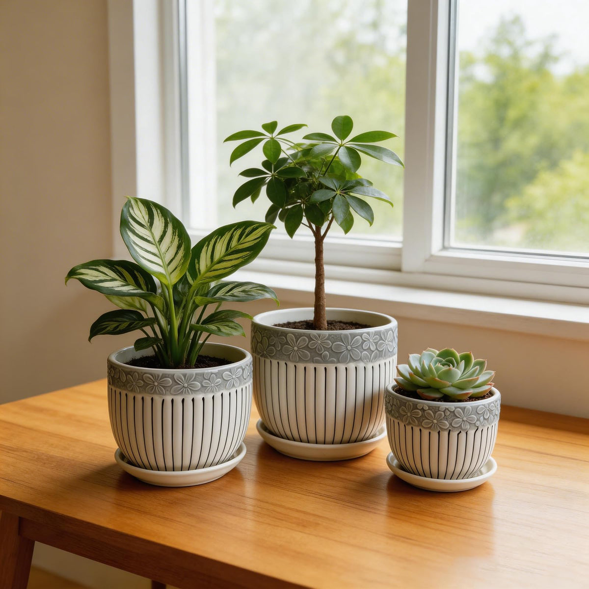 FOLKLORE13 Vintage Flower Pots for Indoor Plant, Round Ceramic Plant Pots with Drainage Holes and