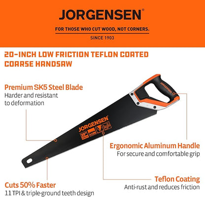 JORGENSEN 20 Inch Black Coated Pro Hand Saw, 11 TPI Fine-Cut Ergonomic Non-Slip Aluminum Ultrasonic