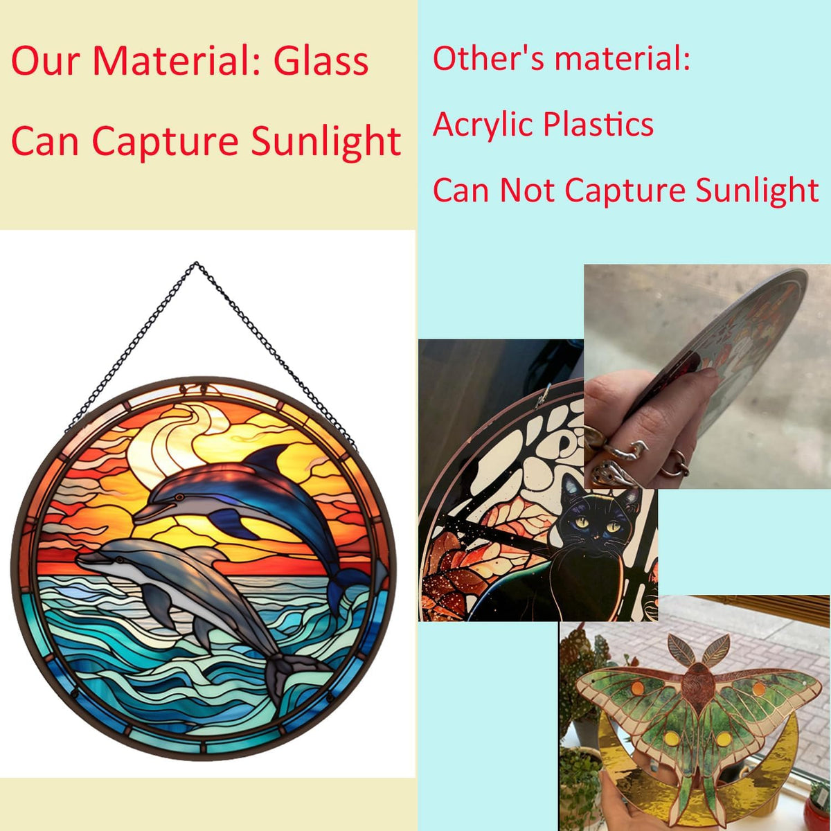 Jumping Dolphin Pattern Suncatcher Stained Glass,Hanging Stained Glass for Windows,20cm/7.87inch
