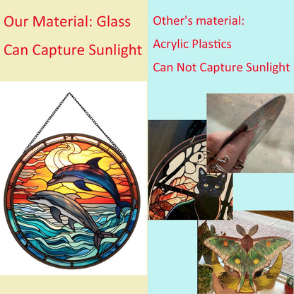 Jumping Dolphin Pattern Suncatcher Stained Glass,Hanging Stained Glass for Windows,20cm/7.87inch