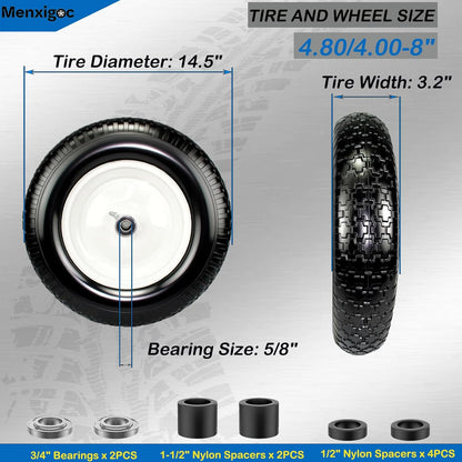 4.80/4.00-8 Tire, 14.5" Tire and Wheel Flat Free, 5/8" Bore Bearing with 3/4" Extra Bearings, 3"