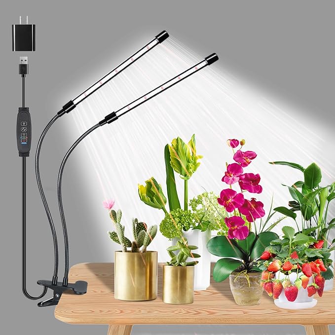 LED Clip-On Plant Growth Light - Auto On/Off Timer 4/8/12h - Dual Heads with Flexible Swan Necks