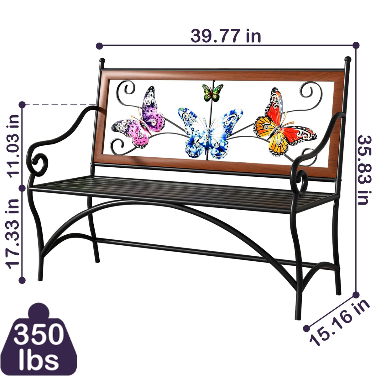 39.7" Outdoor Bench, Garden Bench, Patio Bench with Armrest, Slatted Seat and Butterfly Pattern