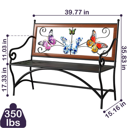 39.7" Outdoor Bench, Garden Bench, Patio Bench with Armrest, Slatted Seat and Butterfly Pattern
