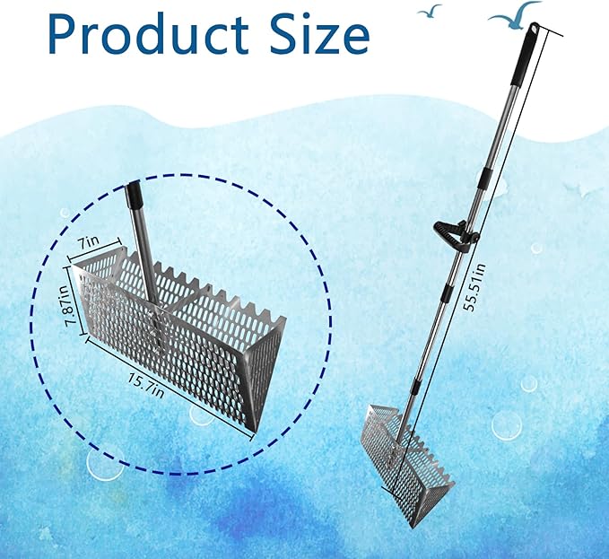 Sand Flea Rake Set, Sand Sifter for The Beach, Stainless Steel Shark Tooth Sifter, with 16" Width