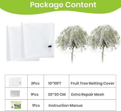 2Pcs Large 10x10FT Fruit Tree Netting with Zipper, Drawstring - Mesh Bags Covers for Garden