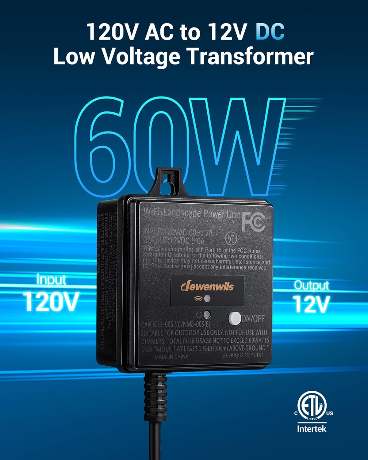 DEWENWILS 60W WiFi Low Voltage Transformer, 120V AC to 12V DC, Smart Outdoor Low Voltage Landscape