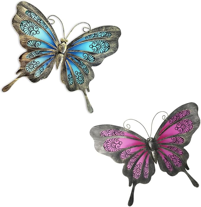 LIFFY Metal Butterfly Wall Decor,2Pack 12" Glass Butterfly Outdoor Wall Art Sculptures,Hanging