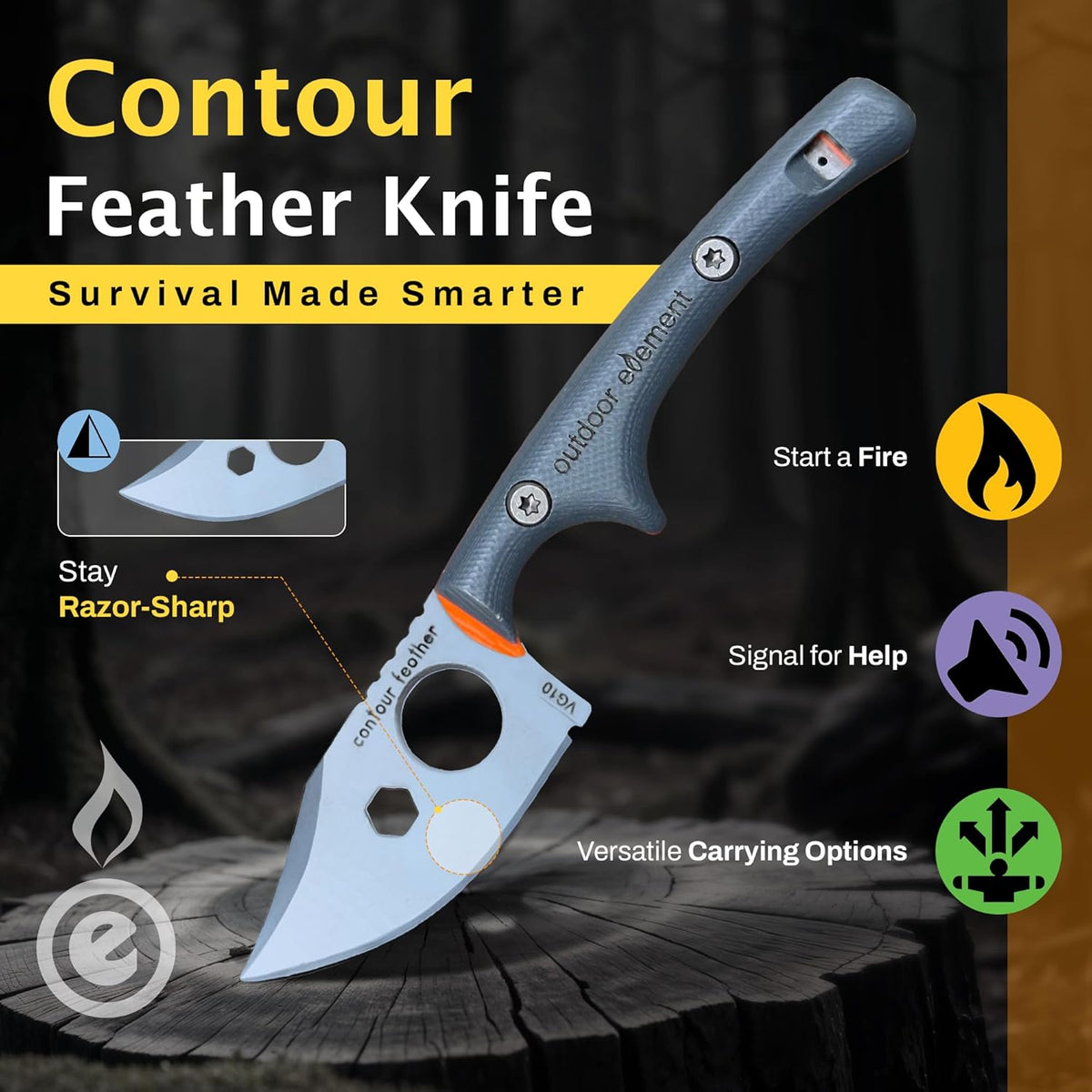 OUTDOOR ELEMENT Contour Feather Survival and Culinary Knives – VG10 Steel Fixed Blade with Fire