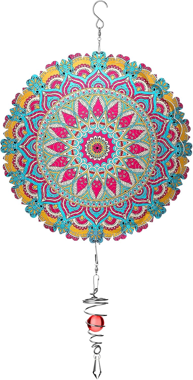12 Inch Mandala Wind Spinners with Gazing Ball Spiral Tail, Outdoor 3D Stainless Steel Hanging