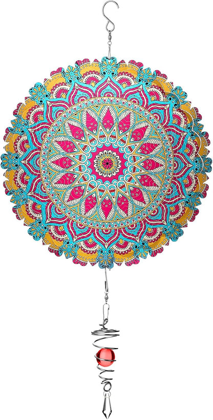 12 Inch Mandala Wind Spinners with Gazing Ball Spiral Tail, Outdoor 3D Stainless Steel Hanging
