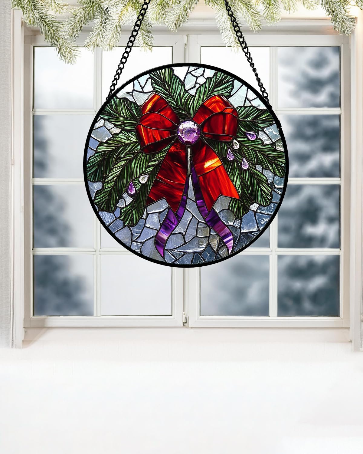 Stained Glass Window Hanging - Purple Gem Christmas Wreath Suncatcher for Doors Home Christmas
