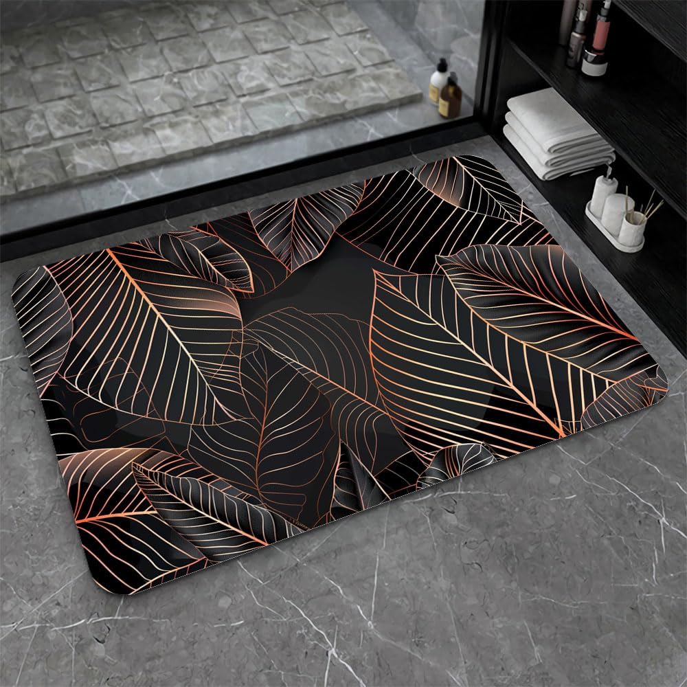 Bath Mat-Bathroom Rug，Black Rose Gold line Leaves-Absorbent Non Slip Quick Dry Stain Resistant Easy