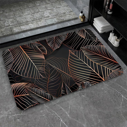 Bath Mat-Bathroom Rug，Black Rose Gold line Leaves-Absorbent Non Slip Quick Dry Stain Resistant Easy