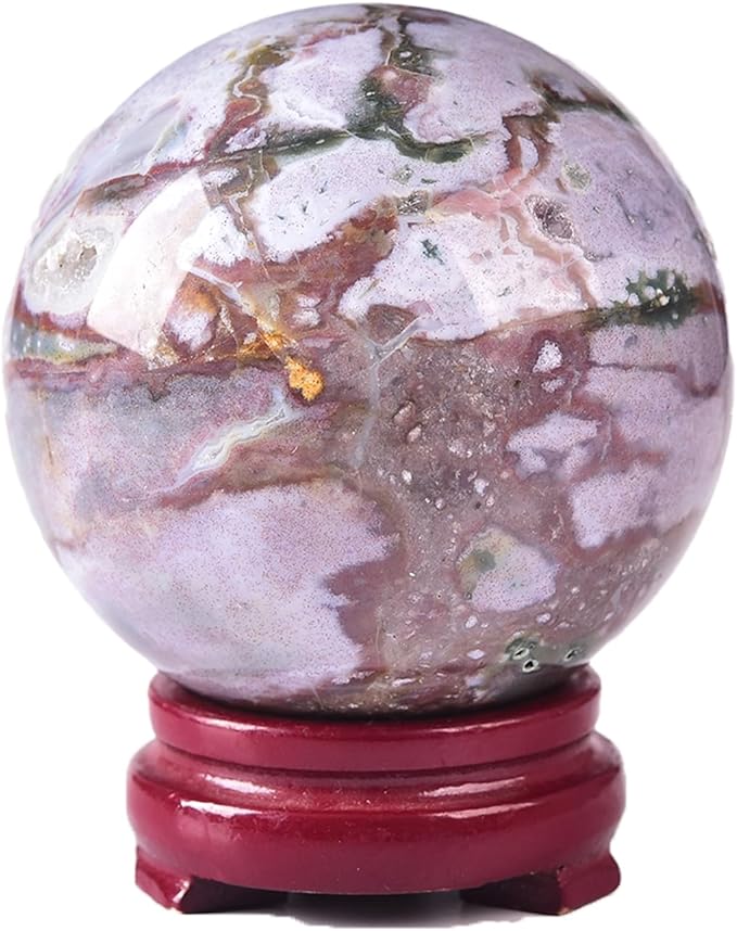 JIC Gem Ocean Jasper Crystal Ball with Wooden Stand Healing Crystal Sphere Ball for Feng Shui Decor