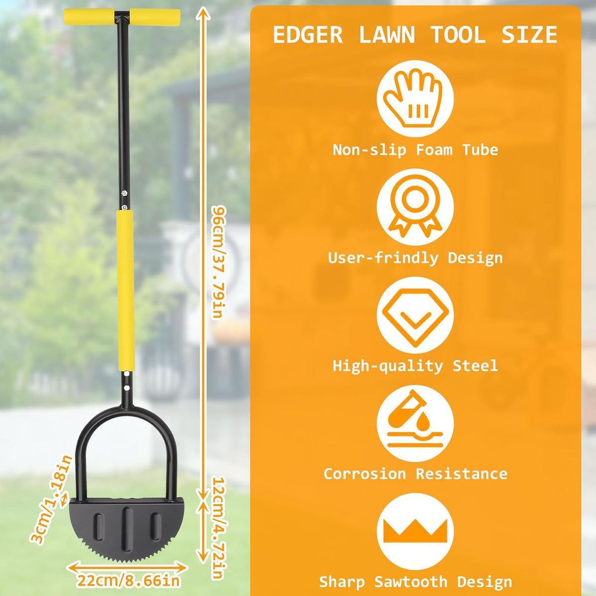 Manual Edger Lawn Tool 37-inch, Half Moon Edger Chopper Lawn Tool with V-Shape Serrated Blade,Solid