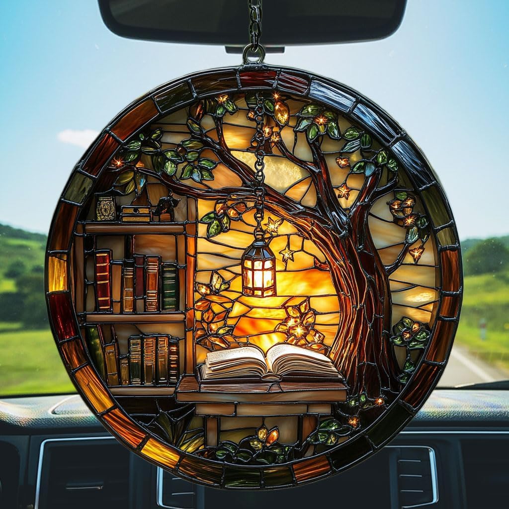 Forest Library Bookshelves Acrylic Suncatcher Stained Glass Effect Window Car Hanging Christmas