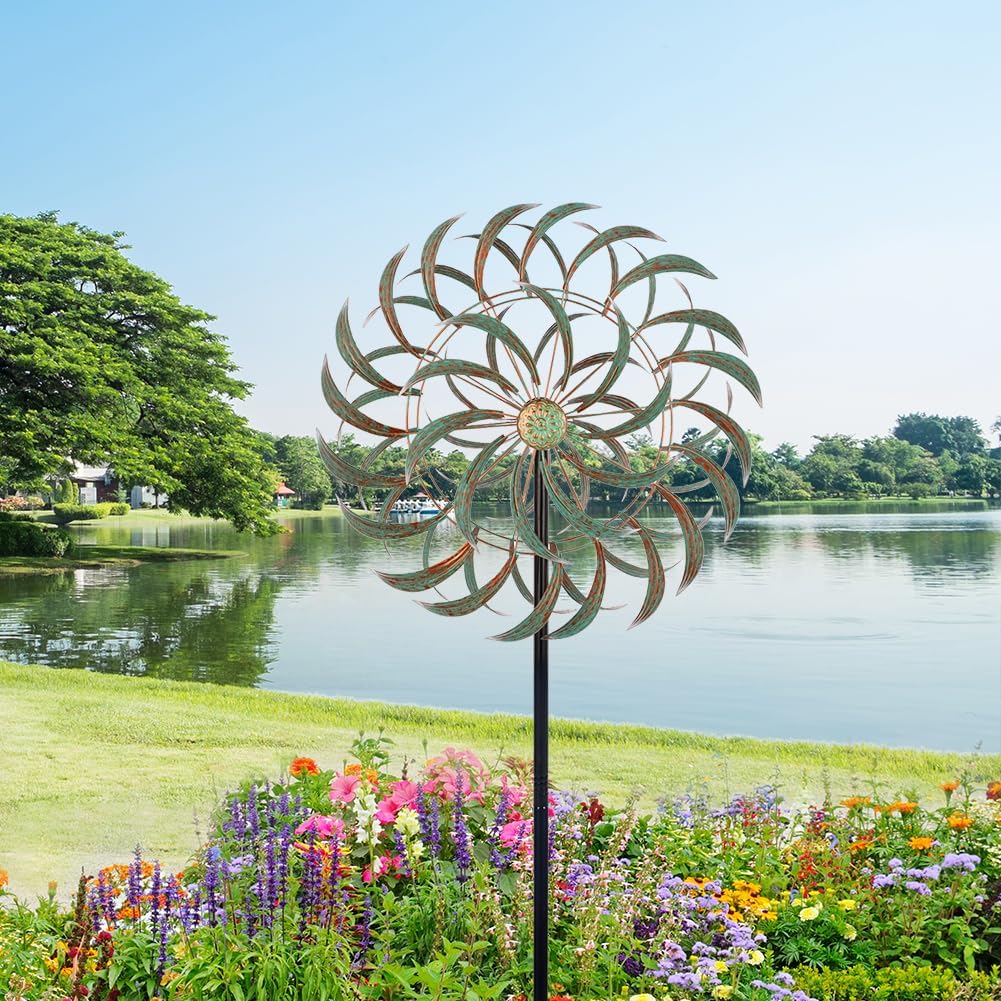 Viveta Large Outdoor Wind Spinner,21 * 85 inches Metal Wind Sculpture with 4 Sturdy Stakes,Green
