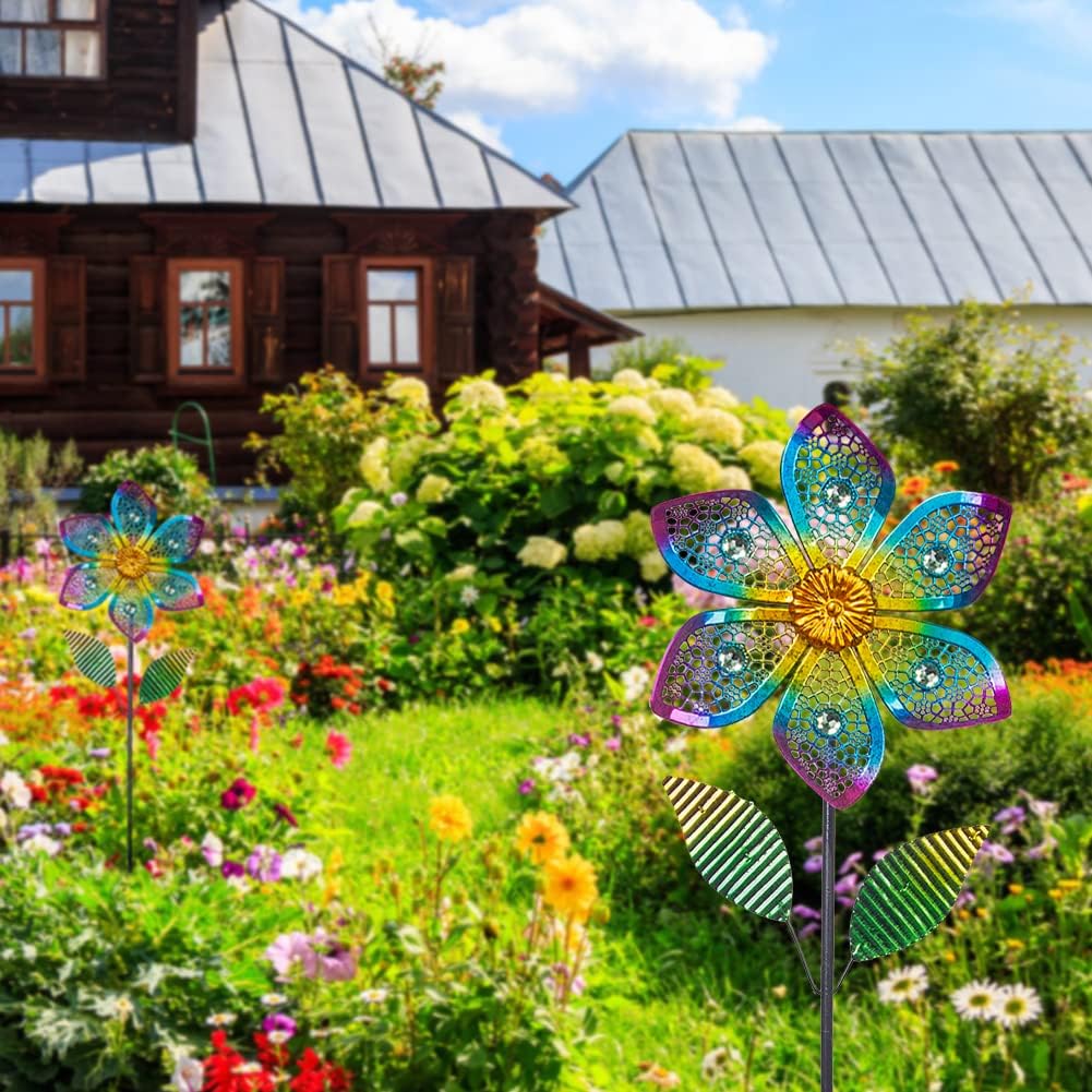 Wind Spinner with Metal Stake, Outdoor Garden Pinwheels Spinners Hollow-Out Flower Shape Design for