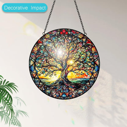 Tree of Life Suncatcher Stained Glass Window Hanging - 8″ Handmade Sun Catchers Indoor Window