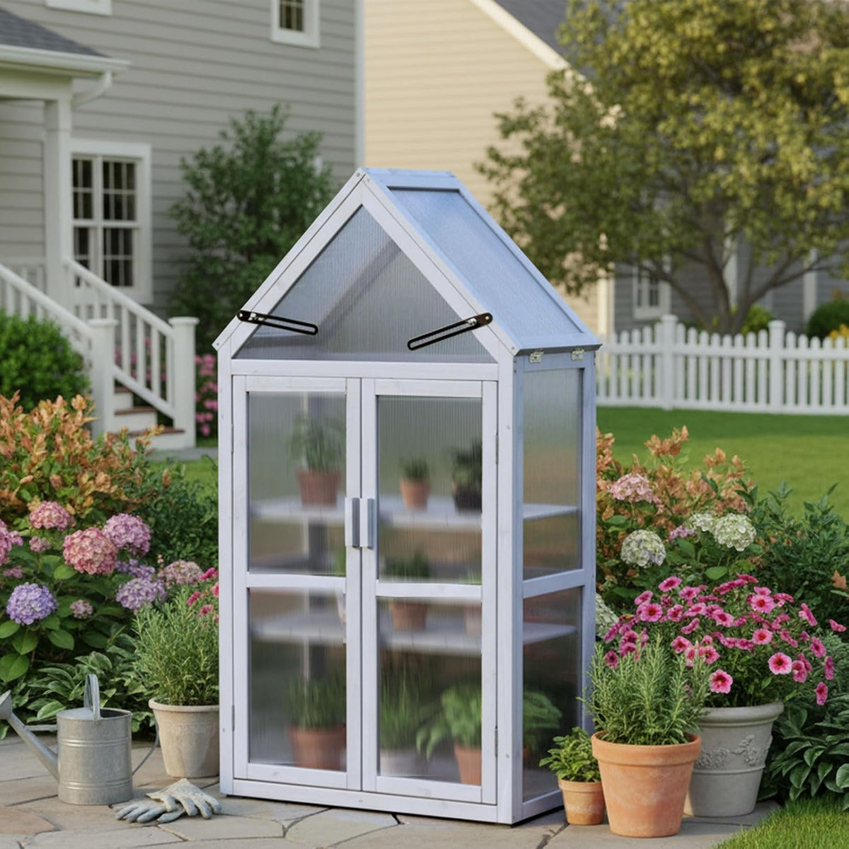 JOYBASE Wooden Mini Cold Frame Greenhouse for Outdoor with Adjustable Shelves, Opening Roof & Wall