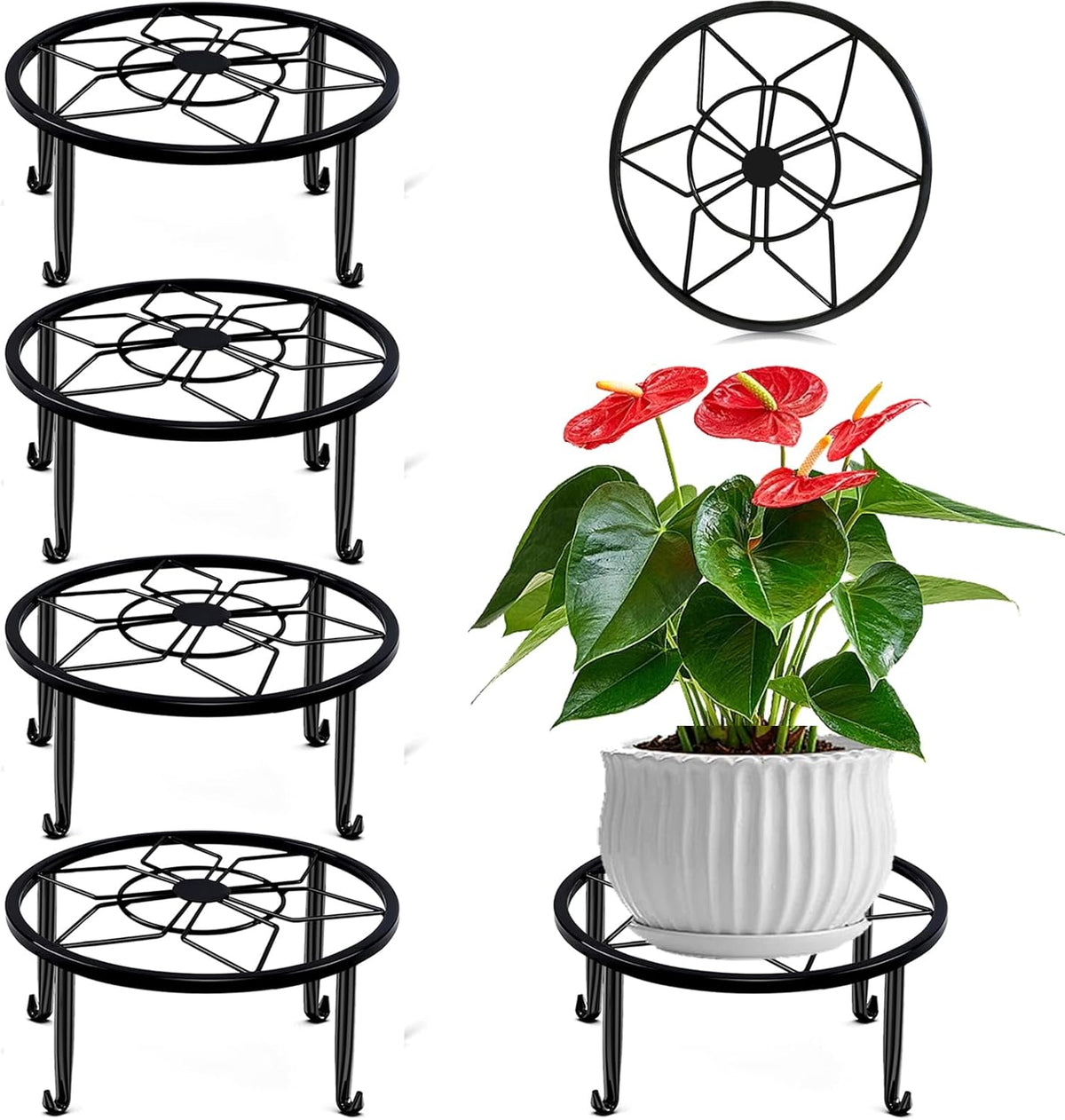 4 Pack Black Metal Potted Plant Stand for Indoor and Outdoor Plants 9.1 inches Heavy Duty Flower