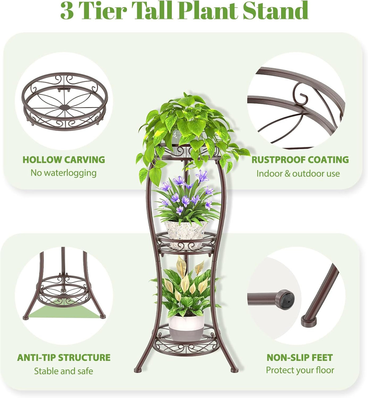 iDavosic.ly 3 Tier Tall Metal Plant Stand Indoor Outdoor, Wrought Iron Corner Flower Pot Holder
