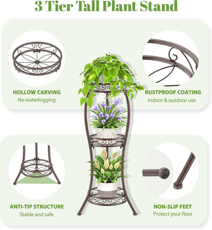 iDavosic.ly 3 Tier Tall Metal Plant Stand Indoor Outdoor, Wrought Iron Corner Flower Pot Holder