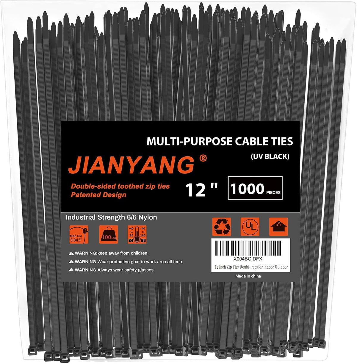 12 Inch Zip Ties Double Sided Toothed (Bulk 1000 Pack),100 LBS Tensile Strength Heavy Duty Cable