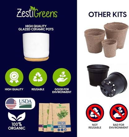 Deluxe Ceramic Indoor Herb Kit 4 Set. Variety Herbs for Indoor & Outdoor – Get Growing with Pots