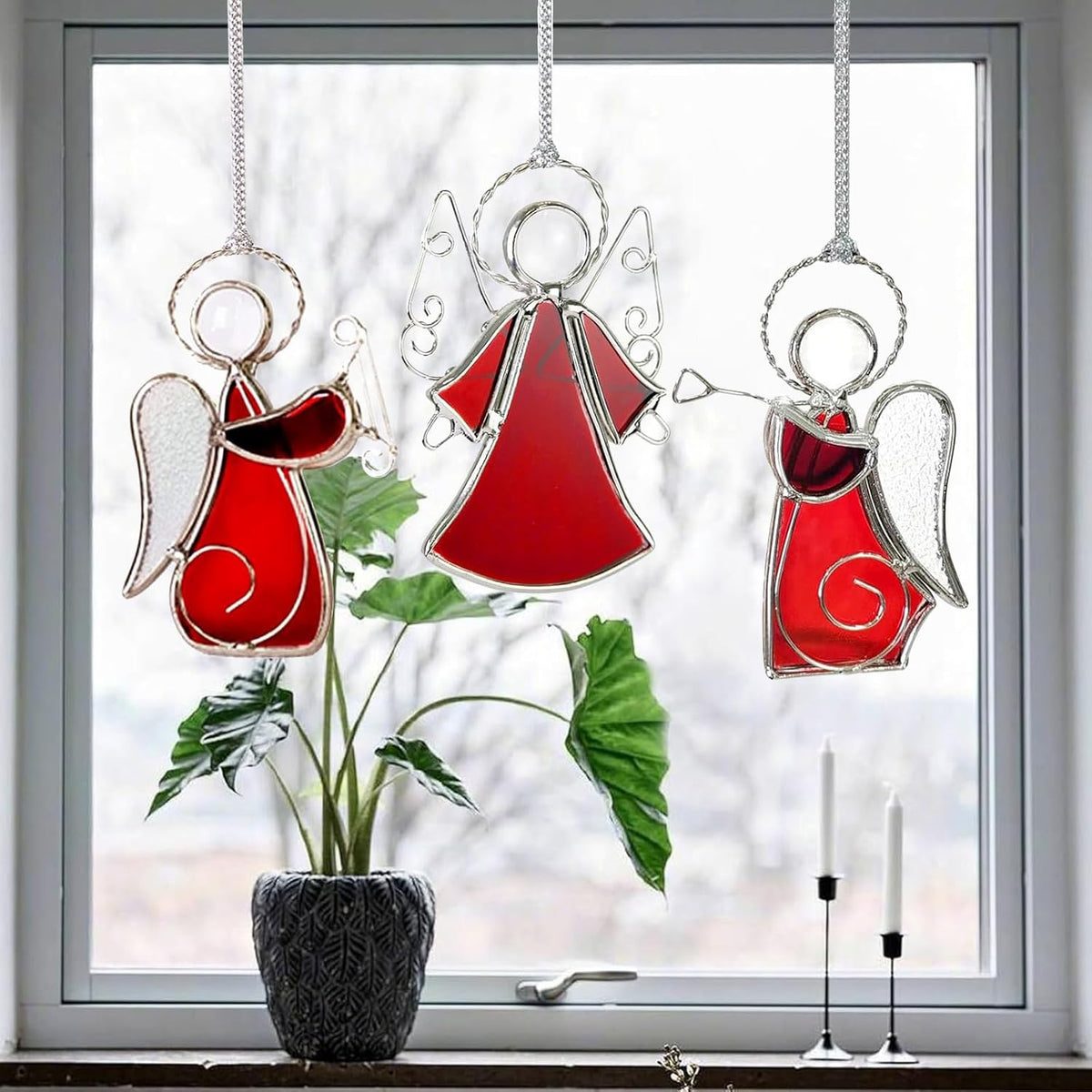 3PCS Handmade Angel Stained-Glass Sun-Catchers for Window Hangings, Stain Glass Angel Suncatchers