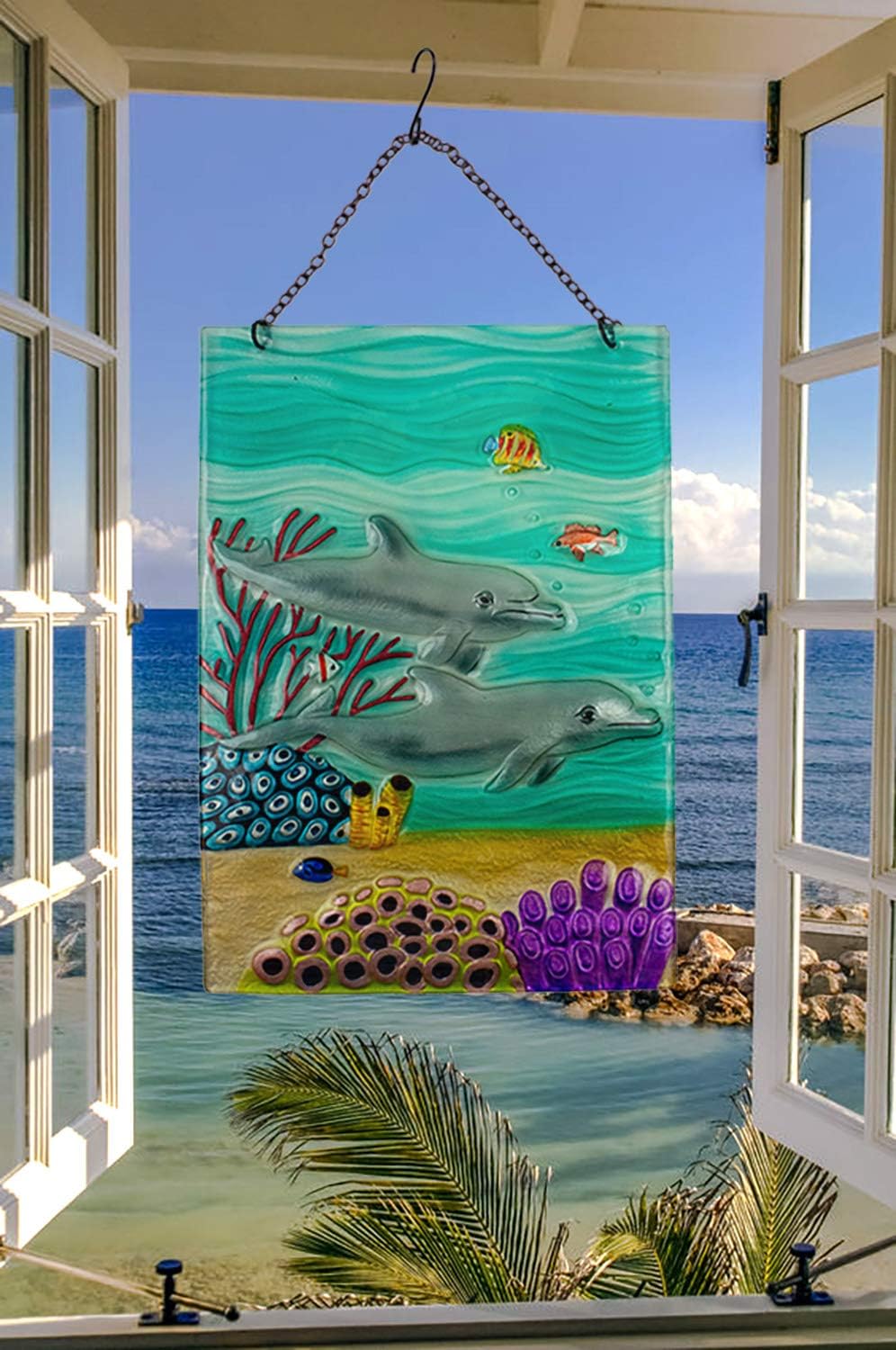 Art Glass Hand Painted Suncatcher - Dolphin