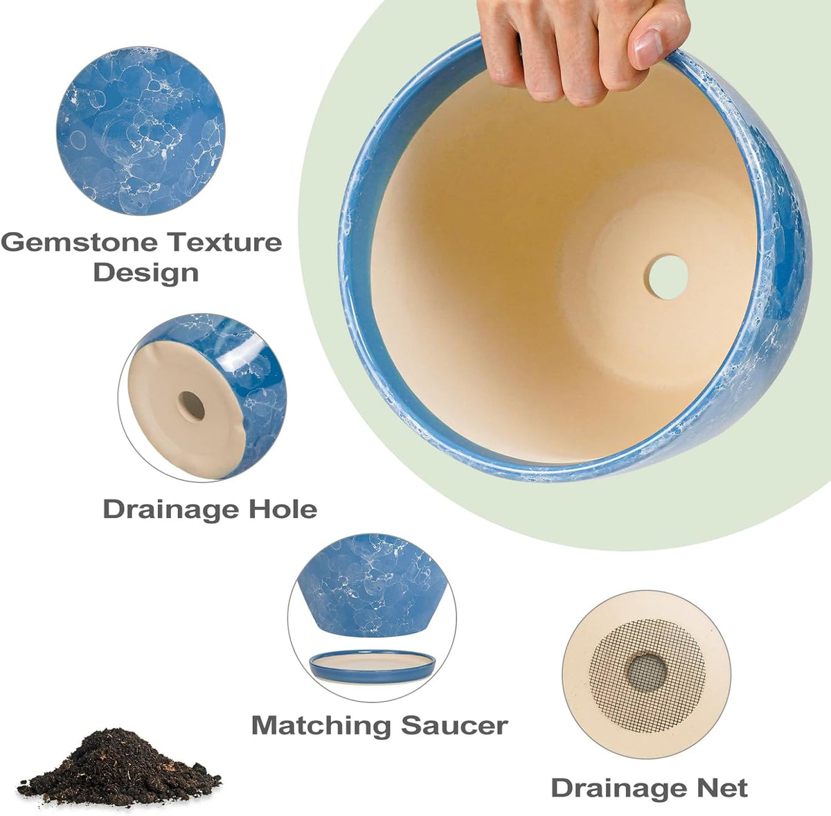 Ceramic Flower Pot - 10 Inch Planter with Drainage Hole and Saucer, Modern Large Planters