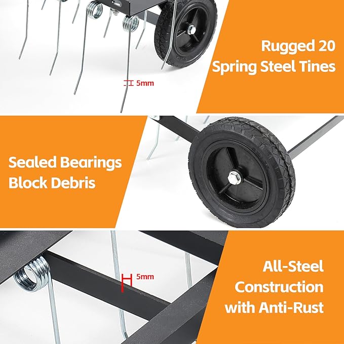 Tow Behind Dethatcher: 40inch Pull Behind Lawn Rake with 20 Spring Steel Tines Heavy Duty Lawn